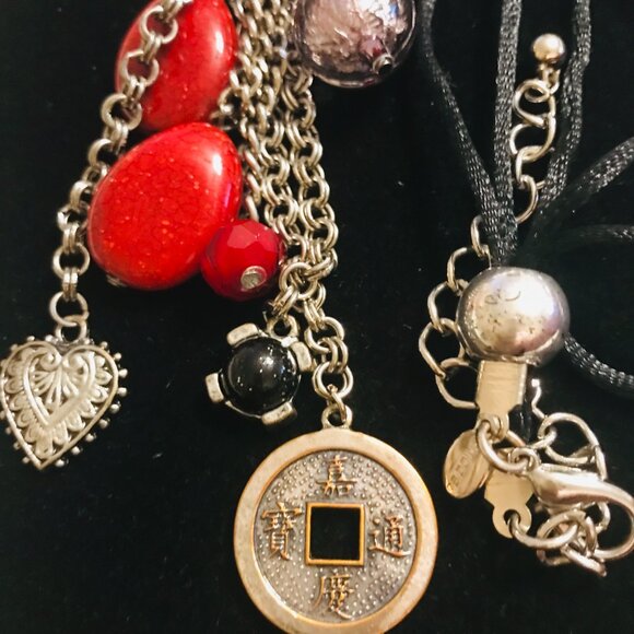 Chico's Asian Inspired Black Cord Charm Necklace with Lucky Chinese Fortune Coin - Picture 3 of 4